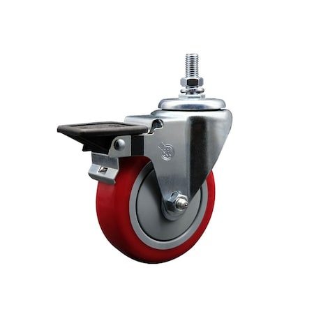 Service Caster 4 Inch Red Polyurethane 12 Inch Threaded Stem Caster with Brake SCC-TS20S414-PPUB-RED-PLB-121315